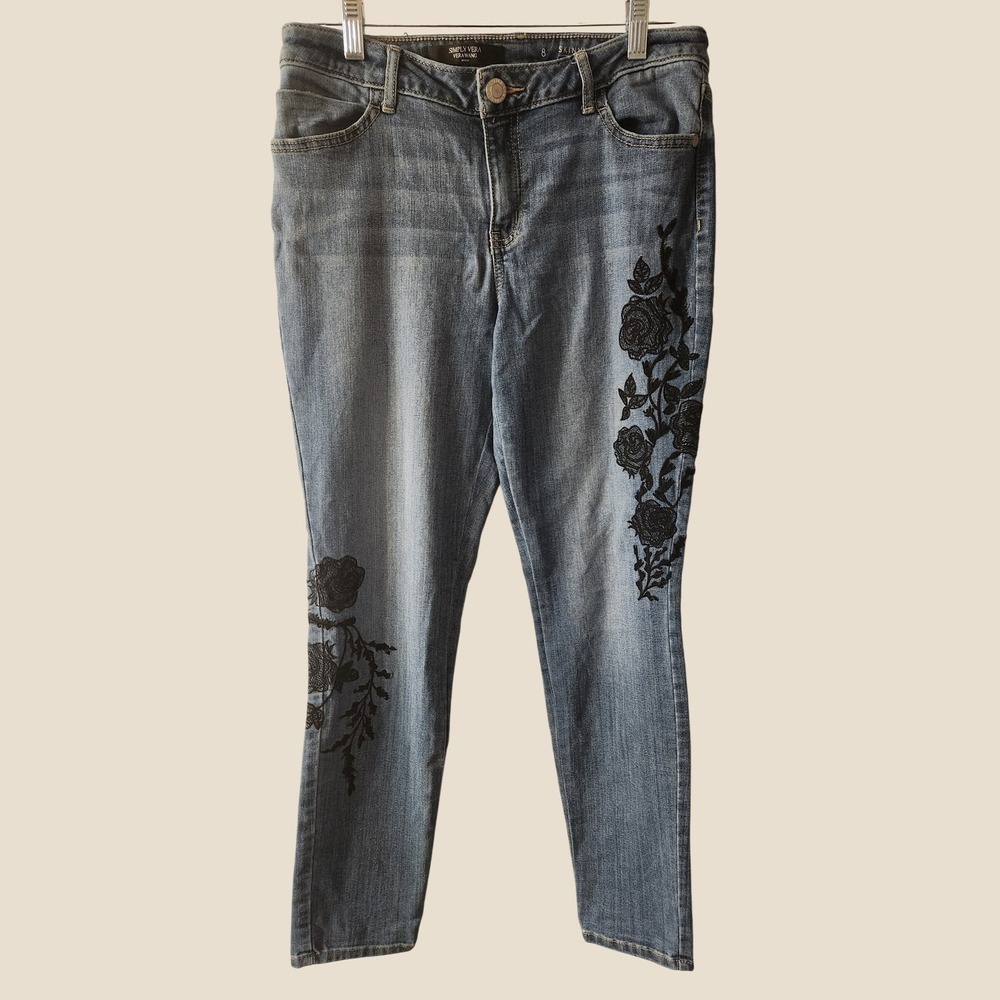 Simply Vera Embroidered Rose Skinny Jeans Womens 8 Whimsigoth Romantic Festival